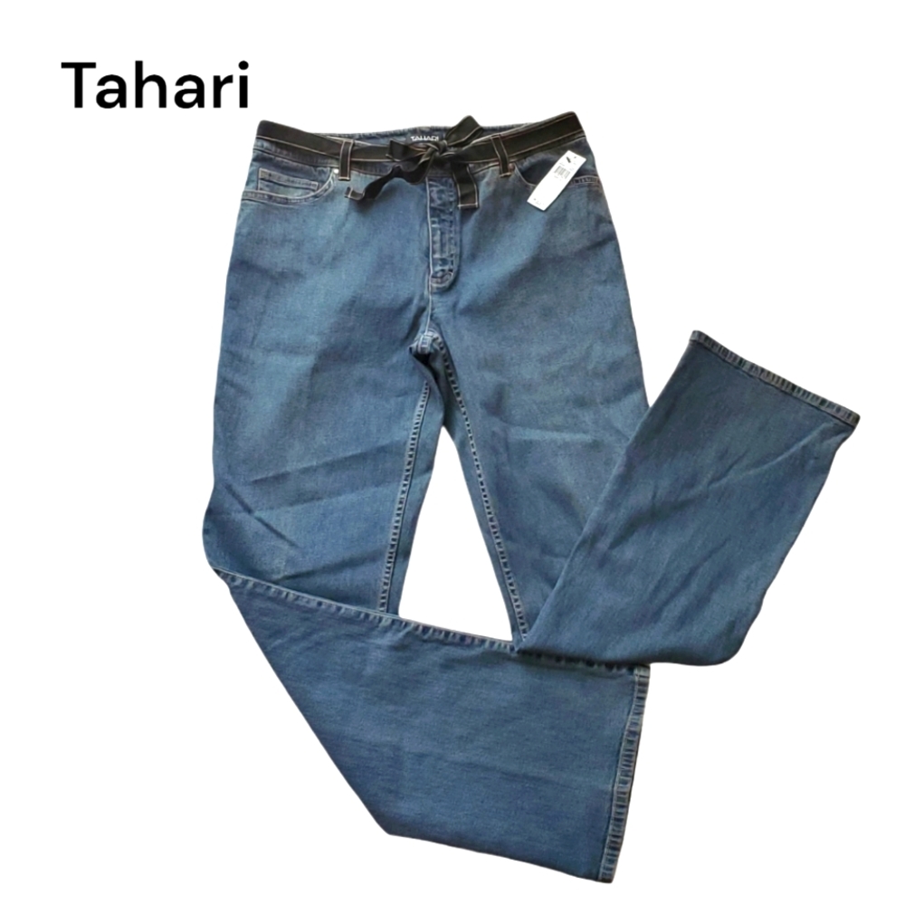 NWT Tahari Indigo Straight Leg, Medium Rise Ribbon Waist Jeans Size 12 M8DU2204